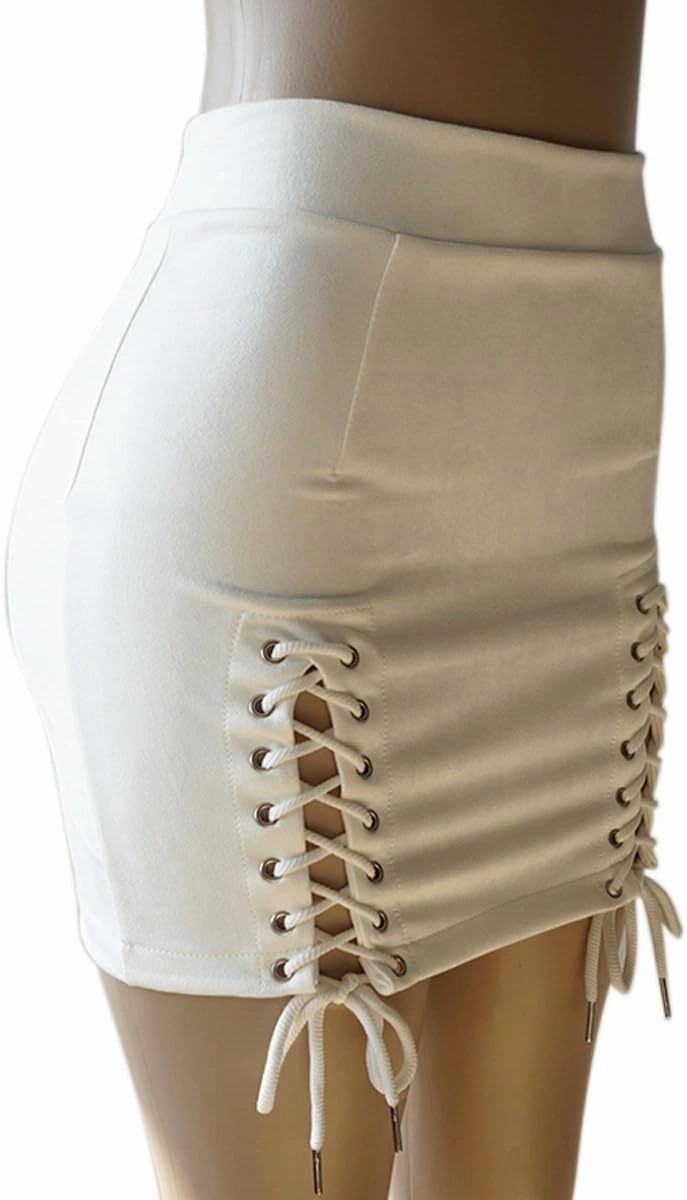 Meyeeka Womens Sexy High Waist Lace Up Bodycon Faux Suede Split Tight Mini Skirt