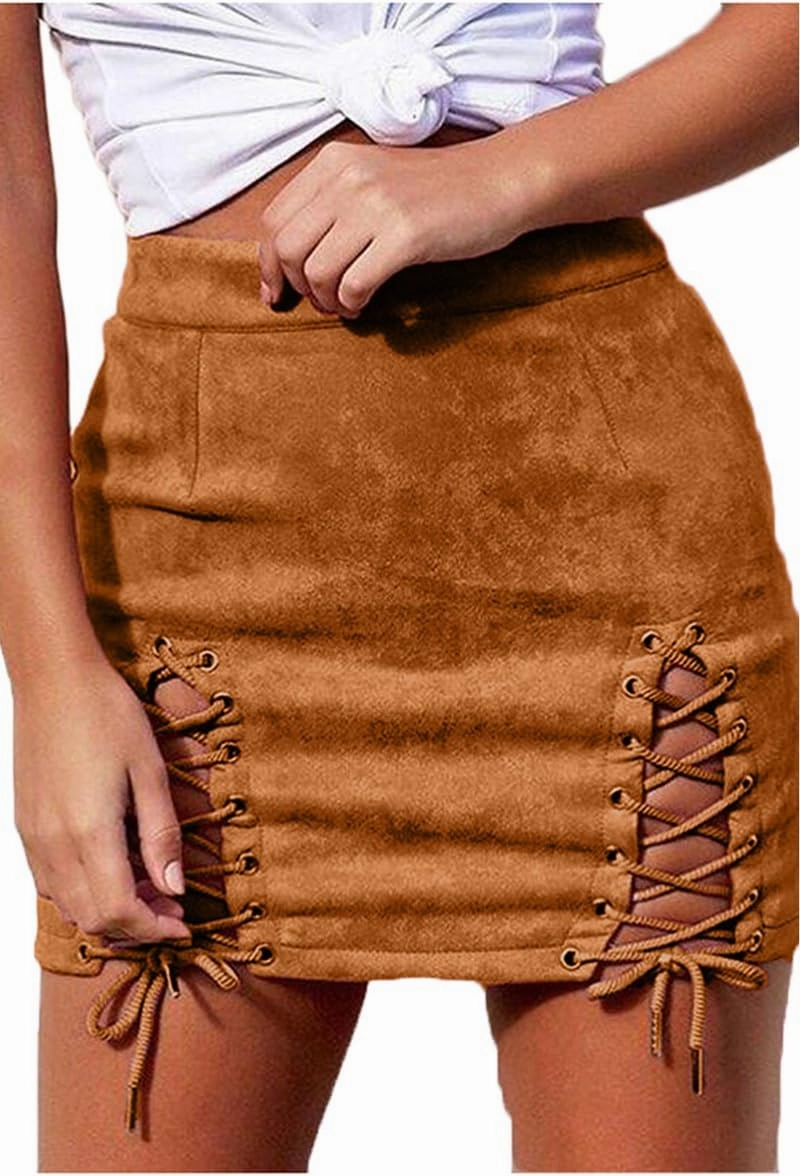 Meyeeka Womens Sexy High Waist Lace Up Bodycon Faux Suede Split Tight Mini Skirt