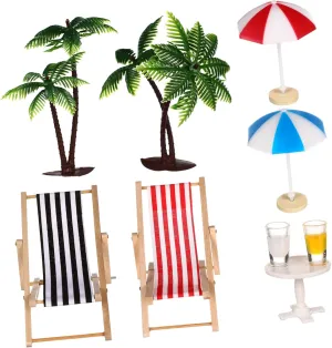 Milisten Miniature Beach Set Craft Set with Palm Trees Deckchairs Umbrellas and Round Tea Table for Fairy Garden Decor Micro Landscape Decoration for Dollhouse