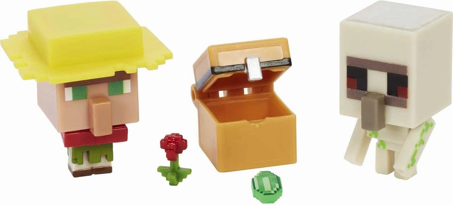 Minecraft Mob Head Minis Villager Guarding Iron Golem Pack with 2 Action Figures & Accessories, Incudes Authentic Pixelated Video-Game Characters Steve & Spider, Age 6 Years & Older