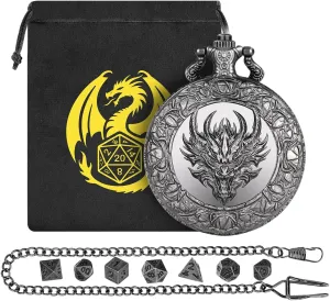 Mini DND Dice Set, with Steampunk Dragon Head Pocket Watch Shell Case, 7-Piece Polyhedral Metal D&D Dice, DND Gift Bag with Dragon Logo, MTG, Role Play Board Game Accessories, Dark Silver