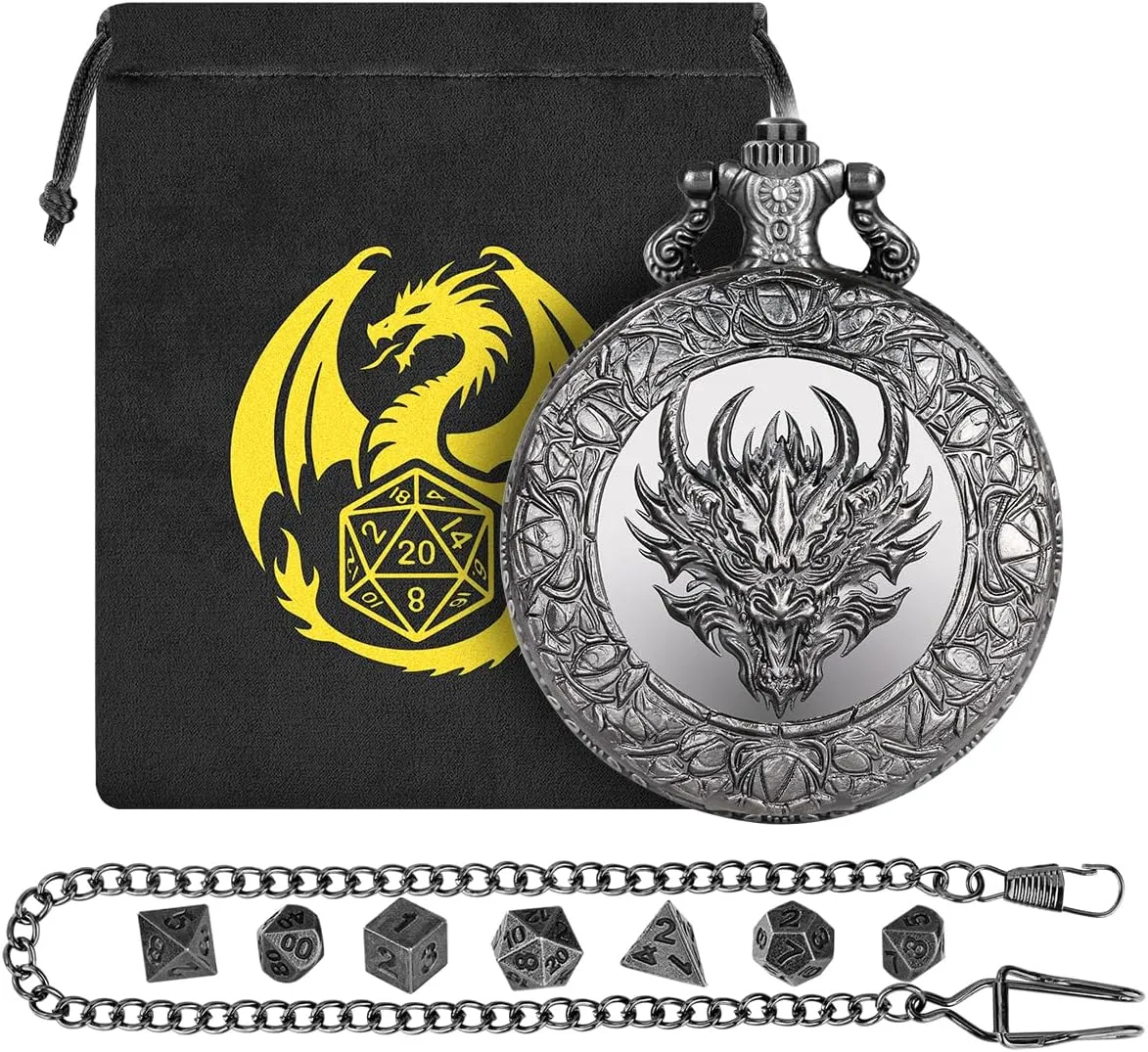 Mini DND Dice Set, with Steampunk Dragon Head Pocket Watch Shell Case, 7-Piece Polyhedral Metal D&D Dice, DND Gift Bag with Dragon Logo, MTG, Role Play Board Game Accessories, Dark Silver