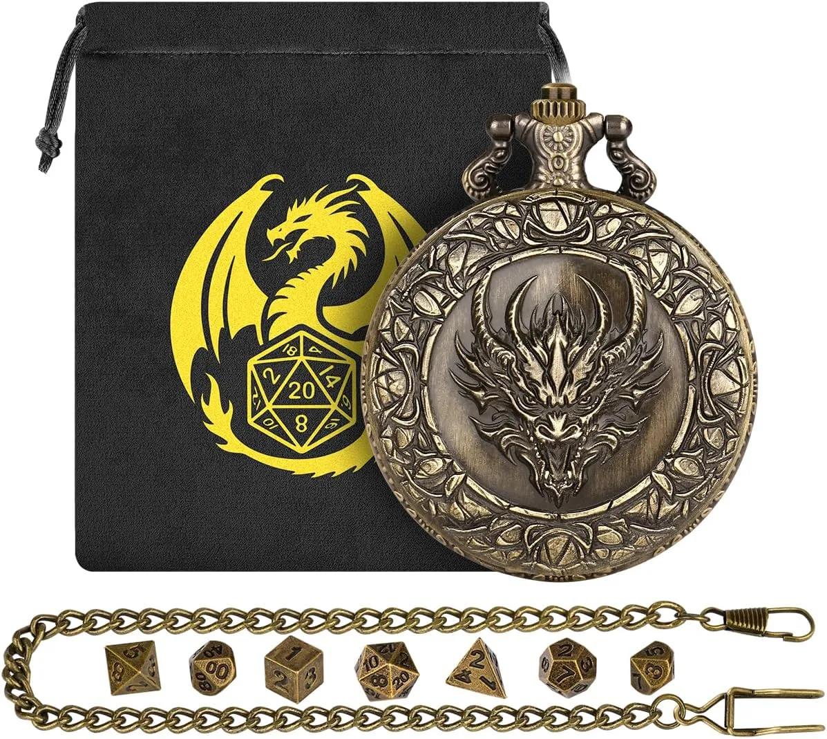 Mini DND Dice Set, with Steampunk Dragon Head Pocket Watch Shell Case, 7-Piece Polyhedral Metal D&D Dice, DND Gift Bag with Dragon Logo, RPG, MTG, Role Play Board Game Accessories, Bronze
