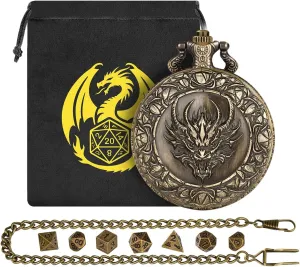 Mini DND Dice Set, with Steampunk Dragon Head Pocket Watch Shell Case, 7-Piece Polyhedral Metal D&D Dice, DND Gift Bag with Dragon Logo, RPG, MTG, Role Play Board Game Accessories, Bronze