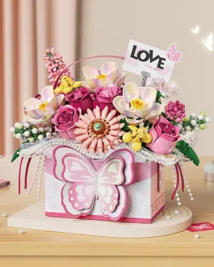 Mini Portable Block Flower Set, Pink Rose Creative Eternal Flower Gifts Box with Romantic Light, Home Decor or Birthday/Valentine's Day Gifts for Girls, 997 PCS (1967)