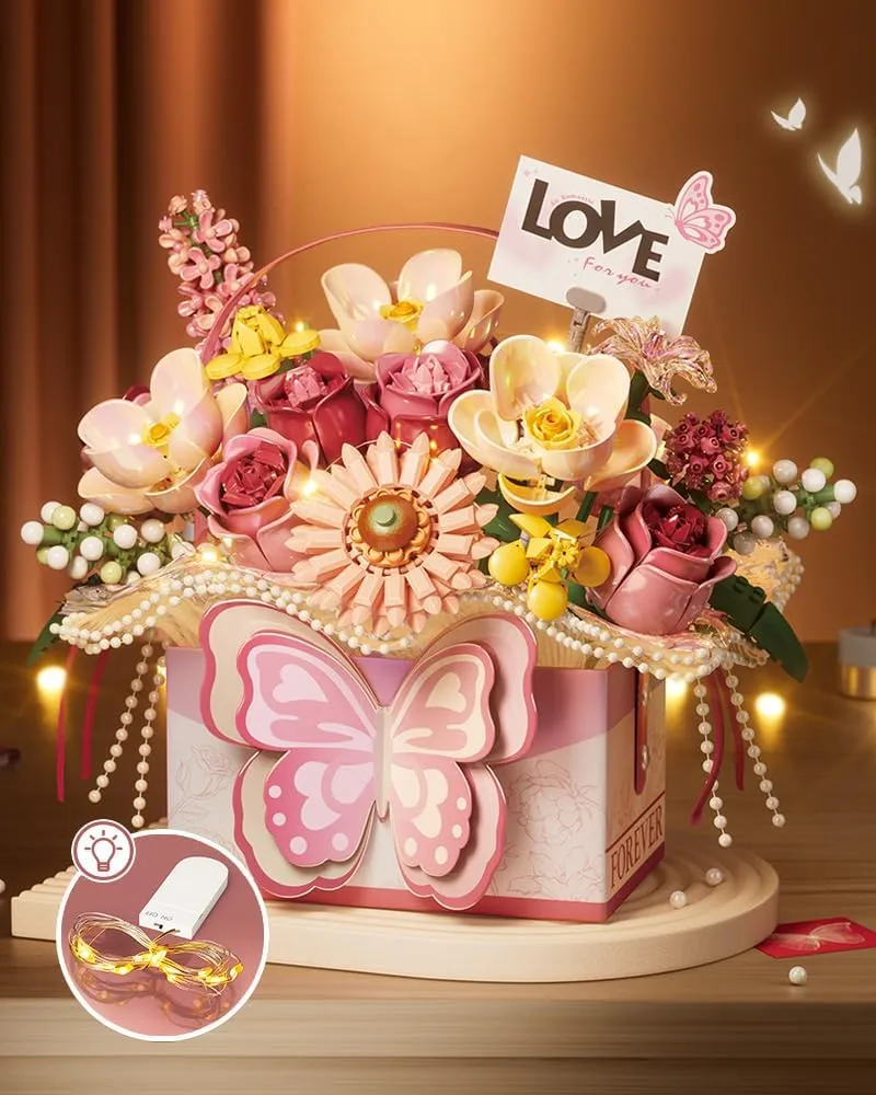 Mini Portable Block Flower Set, Pink Rose Creative Eternal Flower Gifts Box with Romantic Light, Home Decor or Birthday/Valentine's Day Gifts for Girls, 997 PCS (1967)