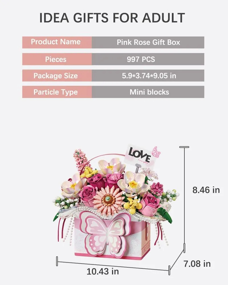 Mini Portable Block Flower Set, Pink Rose Creative Eternal Flower Gifts Box with Romantic Light, Home Decor or Birthday/Valentine's Day Gifts for Girls, 997 PCS (1967)