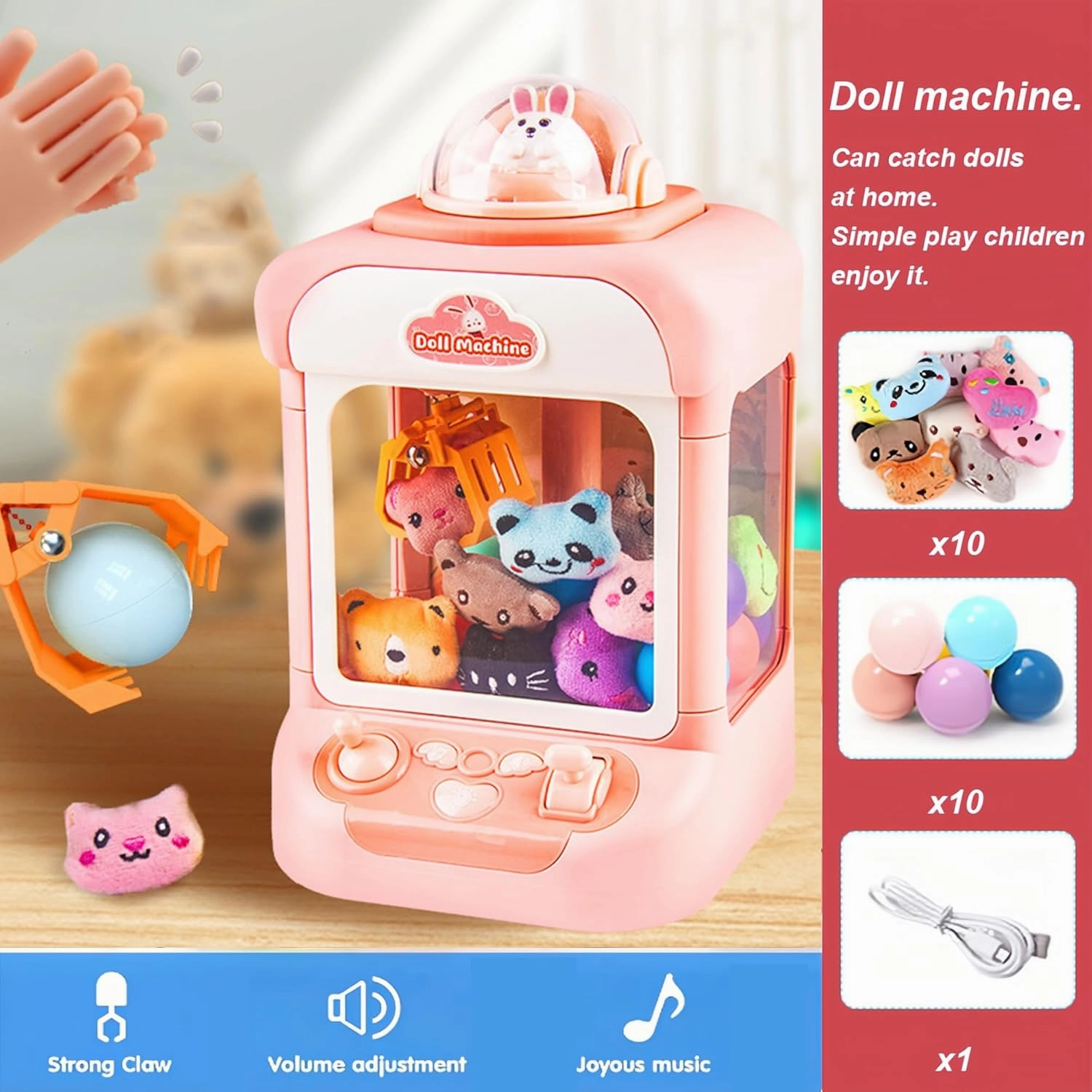 Mini Claw Machine for Kids, USB Claw Machine Arcade Game with Sound, Mini Plush Toys and Music, Christmas Party Birthday Toys Gifts for Kids, Girls, Boys (Pink Rabbit)