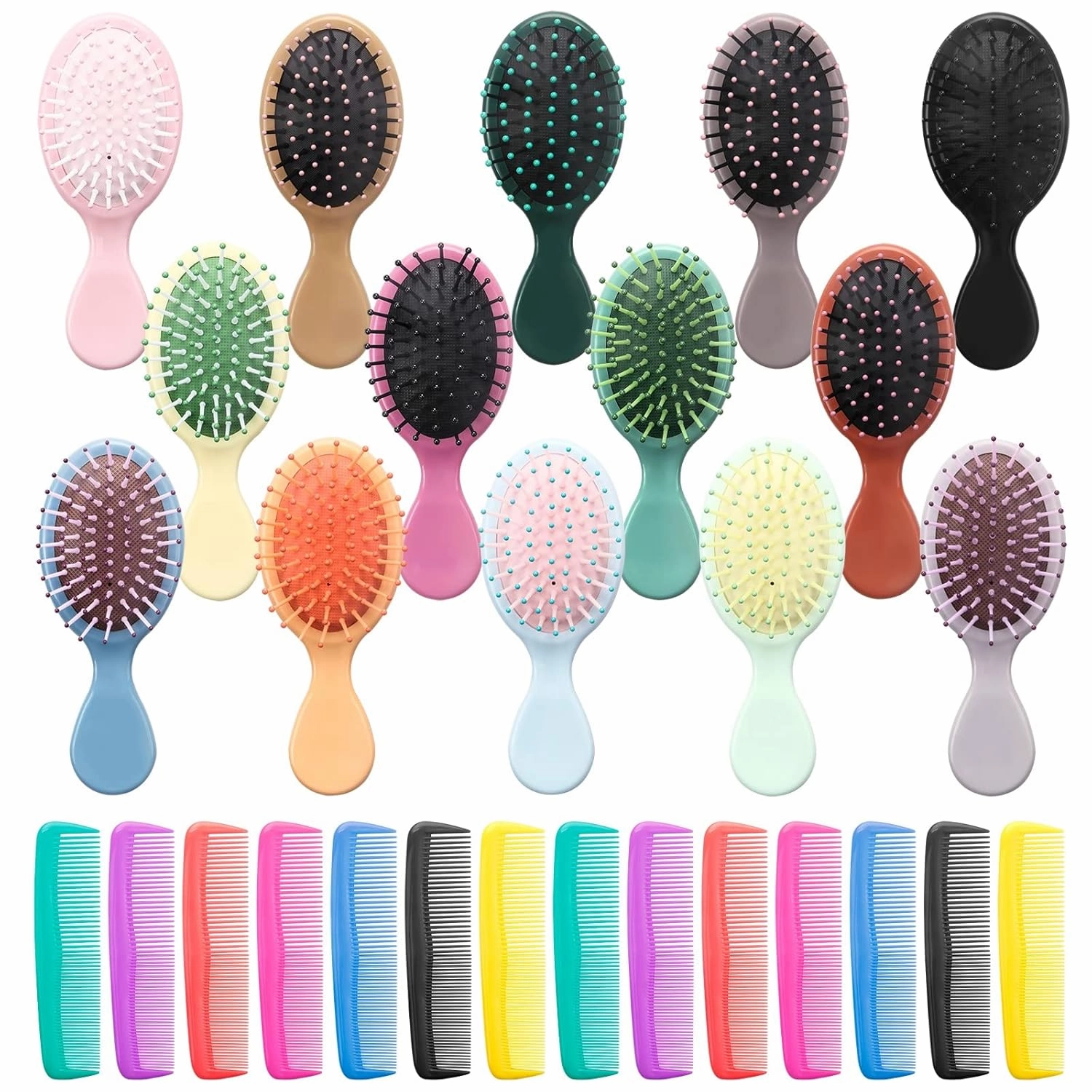 Mini Hair Brush 28 Pack, ANSLCA Hair Brushes Bulk Small Brush Set - Include 14 Travel Brush   14 Fine Wide Detangling Hair Combs Wet Dry Hair for Girls Women Boys Men Kids (Stylish Colorful)