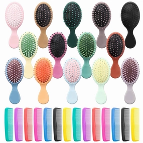Mini Hair Brush 28 Pack, ANSLCA Hair Brushes Bulk Small Brush Set - Include 14 Travel Brush   14 Fine Wide Detangling Hair Combs Wet Dry Hair for Girls Women Boys Men Kids (Stylish Colorful)