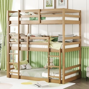 Modern Twin Over Twin Over Twin Triple Bunk Bed, Rubber Wood Detachable Triple Twin Bunk Bed Frame, 3-in-1 Bunk Beds with Ladder and Guardrails for Kids Girls Boys Teens Adults (Oak Wood-in)