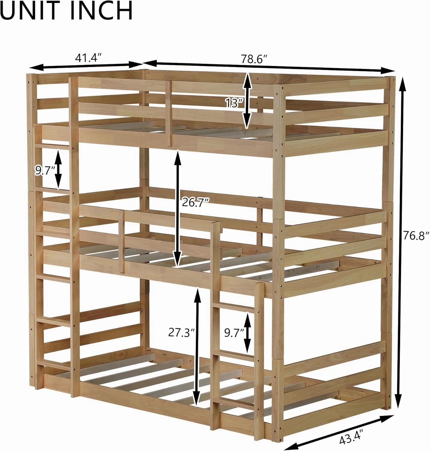 Modern Twin Over Twin Over Twin Triple Bunk Bed, Rubber Wood Detachable Triple Twin Bunk Bed Frame, 3-in-1 Bunk Beds with Ladder and Guardrails for Kids Girls Boys Teens Adults (Oak Wood-in)