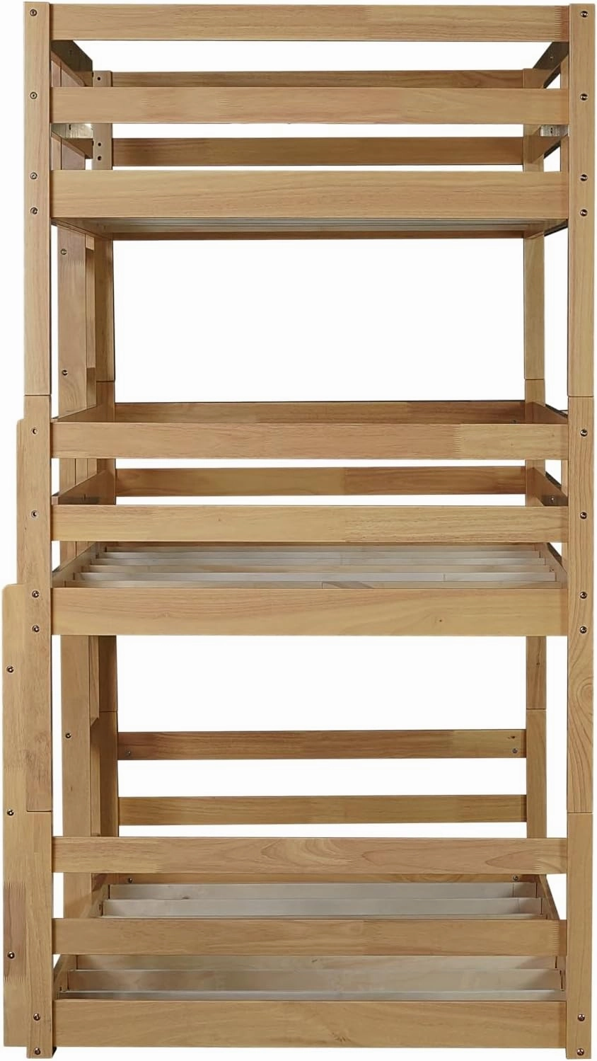 Modern Twin Over Twin Over Twin Triple Bunk Bed, Rubber Wood Detachable Triple Twin Bunk Bed Frame, 3-in-1 Bunk Beds with Ladder and Guardrails for Kids Girls Boys Teens Adults (Oak Wood-in)