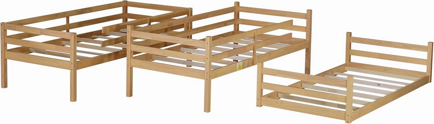 Modern Twin Over Twin Over Twin Triple Bunk Bed, Rubber Wood Detachable Triple Twin Bunk Bed Frame, 3-in-1 Bunk Beds with Ladder and Guardrails for Kids Girls Boys Teens Adults (Oak Wood-in)