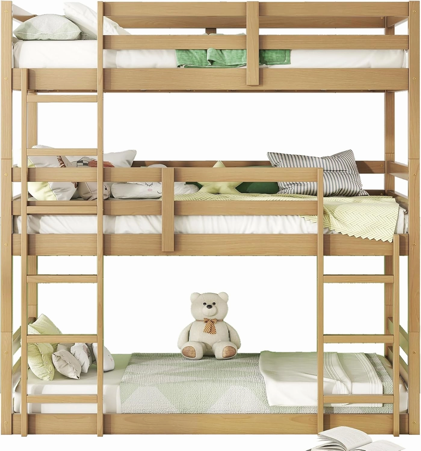 Modern Twin Over Twin Over Twin Triple Bunk Bed, Rubber Wood Detachable Triple Twin Bunk Bed Frame, 3-in-1 Bunk Beds with Ladder and Guardrails for Kids Girls Boys Teens Adults (Oak Wood-in)