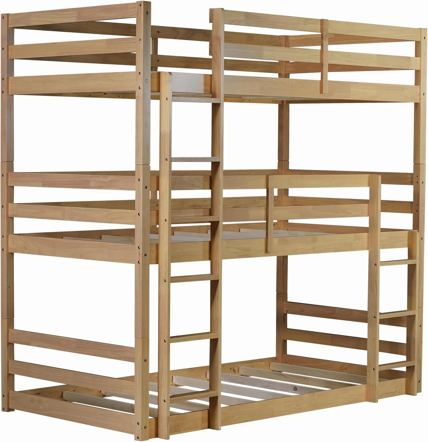 Modern Twin Over Twin Over Twin Triple Bunk Bed, Rubber Wood Detachable Triple Twin Bunk Bed Frame, 3-in-1 Bunk Beds with Ladder and Guardrails for Kids Girls Boys Teens Adults (Oak Wood-in)