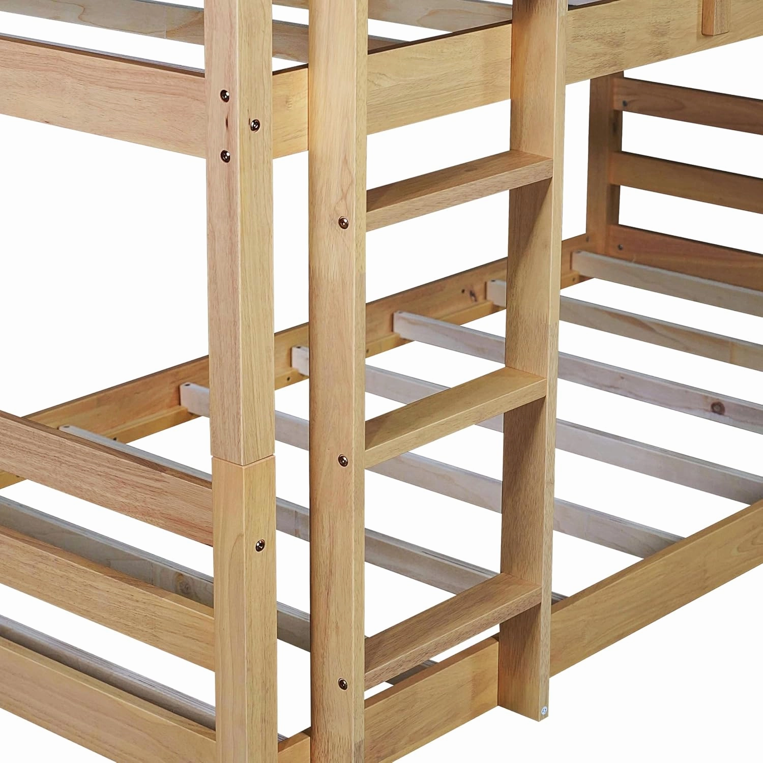 Modern Twin Over Twin Over Twin Triple Bunk Bed, Rubber Wood Detachable Triple Twin Bunk Bed Frame, 3-in-1 Bunk Beds with Ladder and Guardrails for Kids Girls Boys Teens Adults (Oak Wood-in)