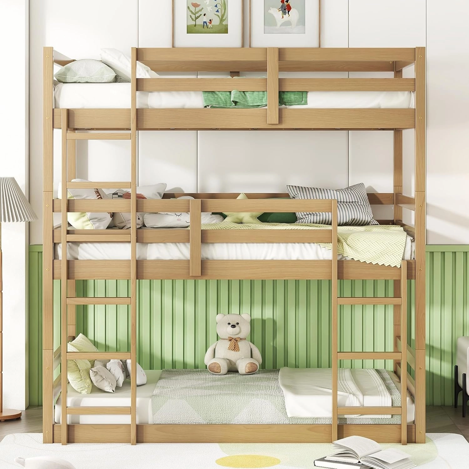 Modern Twin Over Twin Over Twin Triple Bunk Bed, Rubber Wood Detachable Triple Twin Bunk Bed Frame, 3-in-1 Bunk Beds with Ladder and Guardrails for Kids Girls Boys Teens Adults (Oak Wood-in)