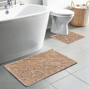Muddy Mat Chenille Bathroom Rugs Set Quick Dry Microfiber Mats Non Slip Washable, Extra Thick, Soft and Highly Absorbent Bath Mats (20”x30”) with U Shaped Toilet Mat (20”x20”) – Beige