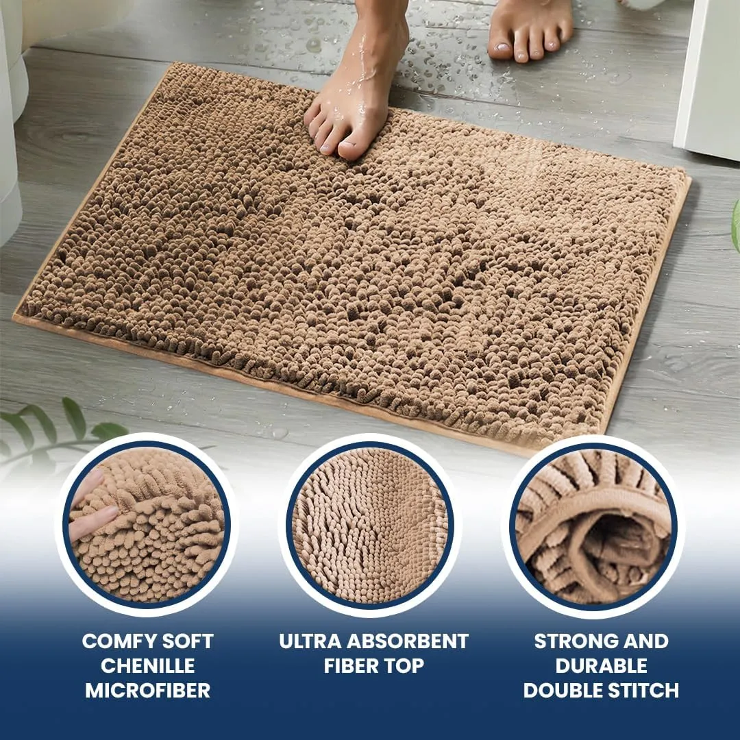 Muddy Mat Chenille Bathroom Rugs Set Quick Dry Microfiber Mats Non Slip Washable, Extra Thick, Soft and Highly Absorbent Bath Mats (20”x30”) with U Shaped Toilet Mat (20”x20”) – Beige
