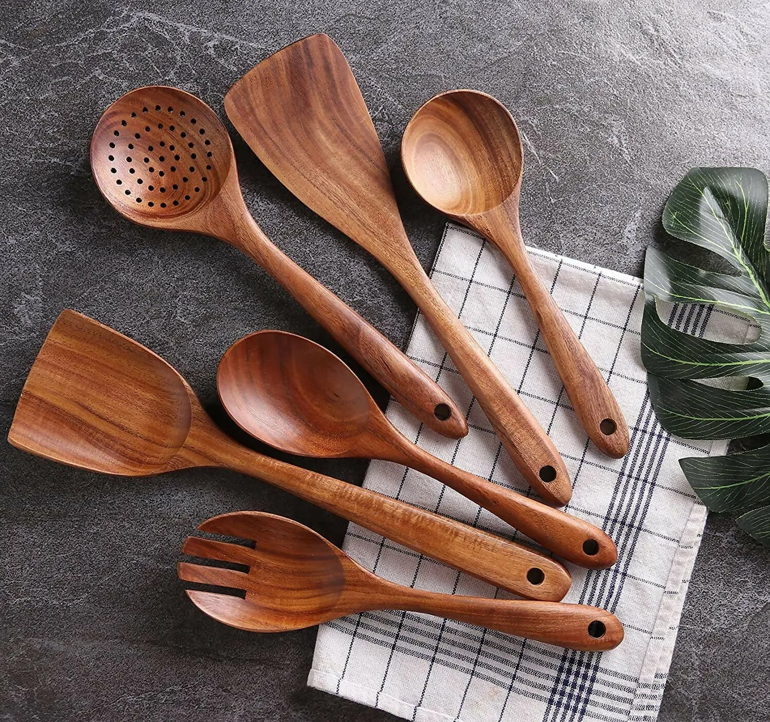 Multispace Natural Wooden Kitchen Utensil Set – 6 Non-Stick Cooking & Serving Spoons (Brown)
