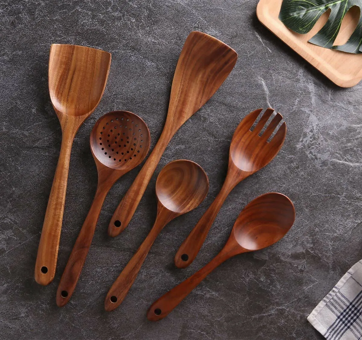 Multispace Natural Wooden Kitchen Utensil Set – 6 Non-Stick Cooking & Serving Spoons (Brown)