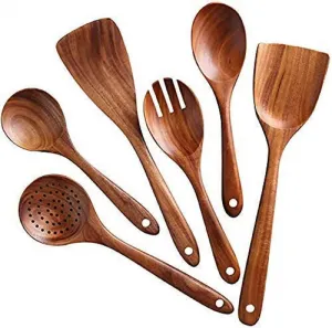 Multispace Natural Wooden Kitchen Utensil Set – 6 Non-Stick Cooking & Serving Spoons (Brown)