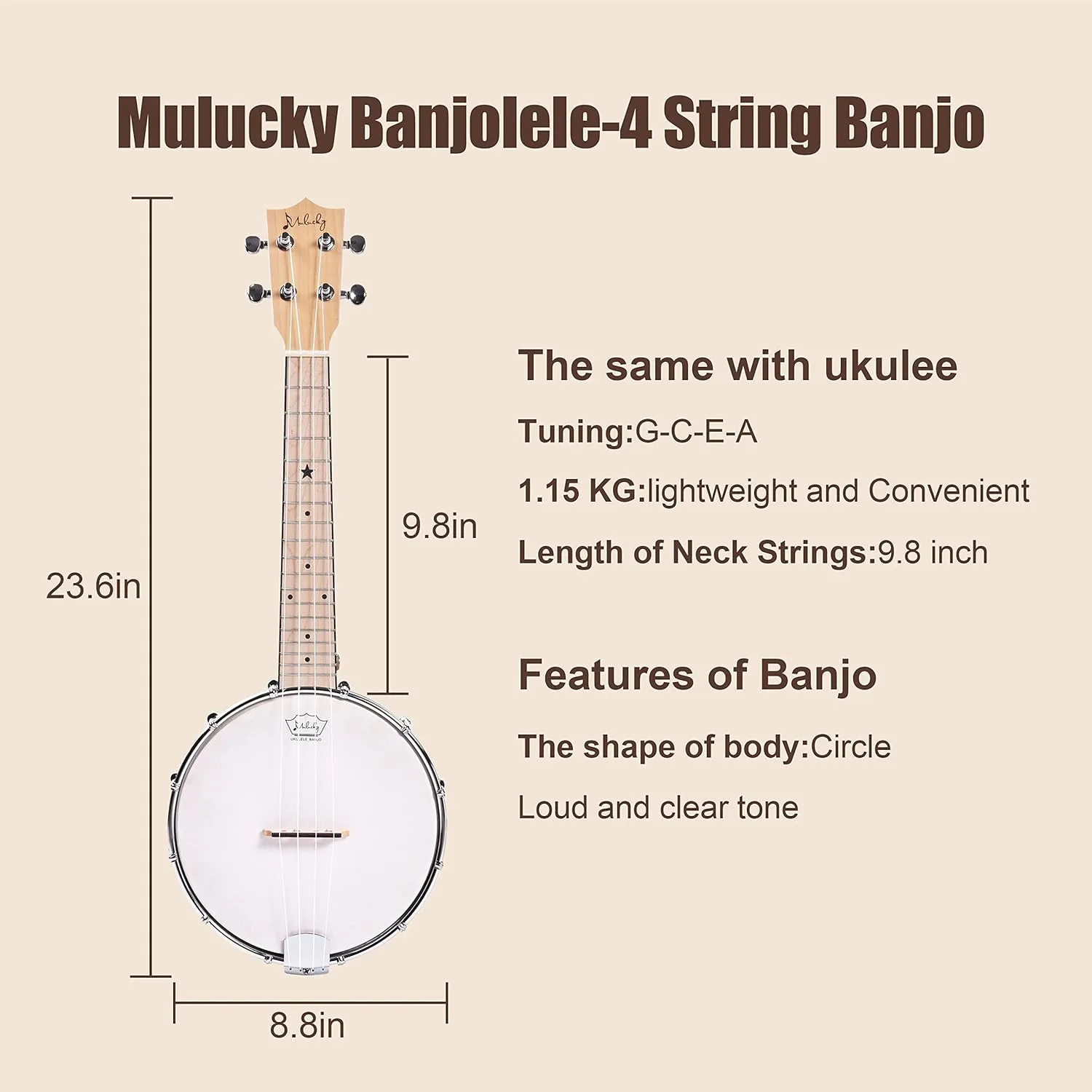 Mulucky Banjolele 4 String Banjo Ukulele Concert Size 23 Inch, Closed Solid Wood Back, Beginner Kit with Truss Rod Gig Bag Tuner String Strap Picks - MBU-807