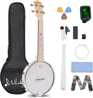 Mulucky Banjolele 4 String Banjo Ukulele Concert Size 23 Inch, Closed Solid Wood Back, Beginner Kit with Truss Rod Gig Bag Tuner String Strap Picks - MBU-807