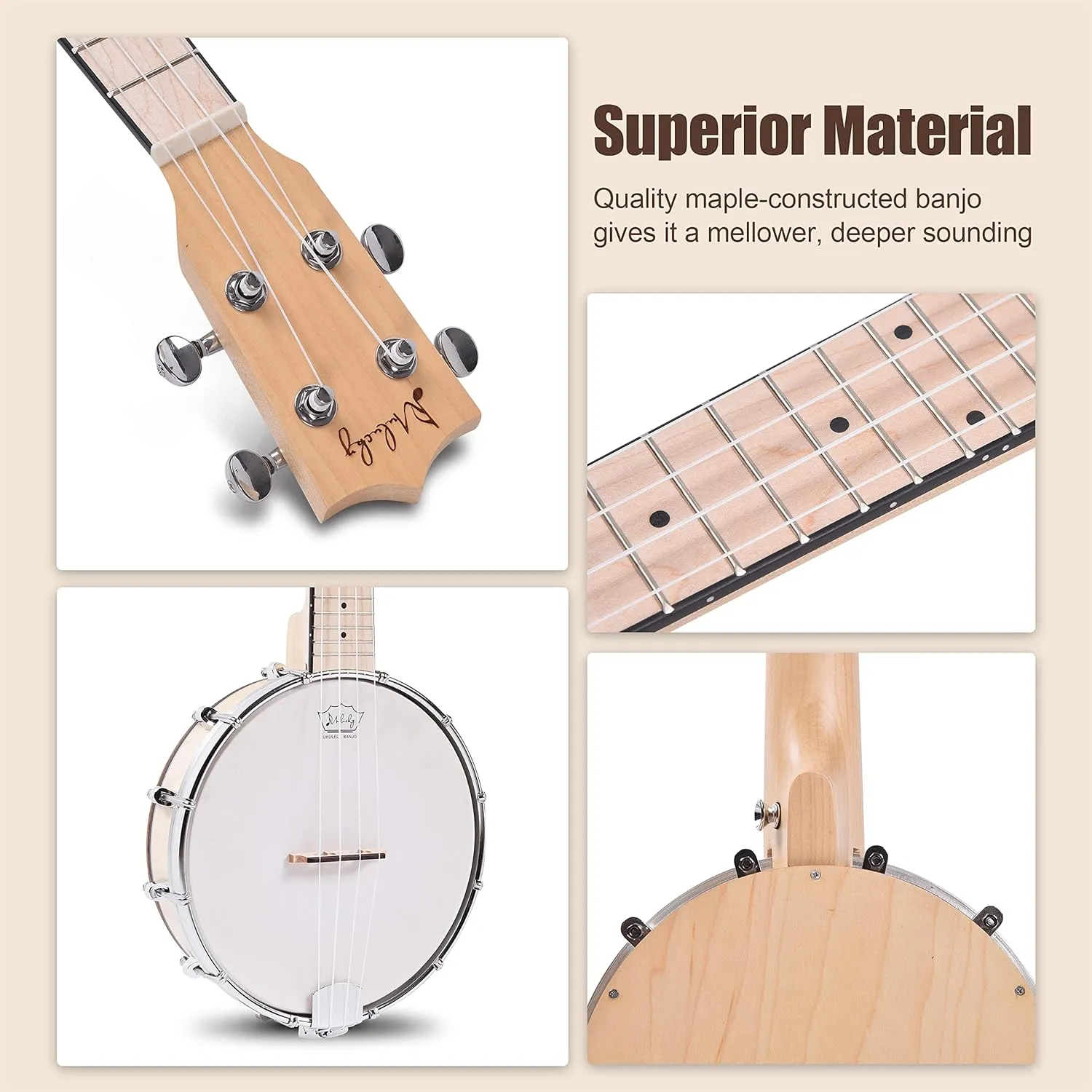 Mulucky Banjolele 4 String Banjo Ukulele Concert Size 23 Inch, Closed Solid Wood Back, Beginner Kit with Truss Rod Gig Bag Tuner String Strap Picks - MBU-807