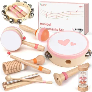 Musical Toys for 2 3 Year Old Girl Birthday Gifts, Wooden Montessori Toys for 2 Year Old, 8 in 1 Musical Instruments for Toddlers with Drum/Hand Bells/Flute/Maracas, Preschool Toys for Baby 18  Months