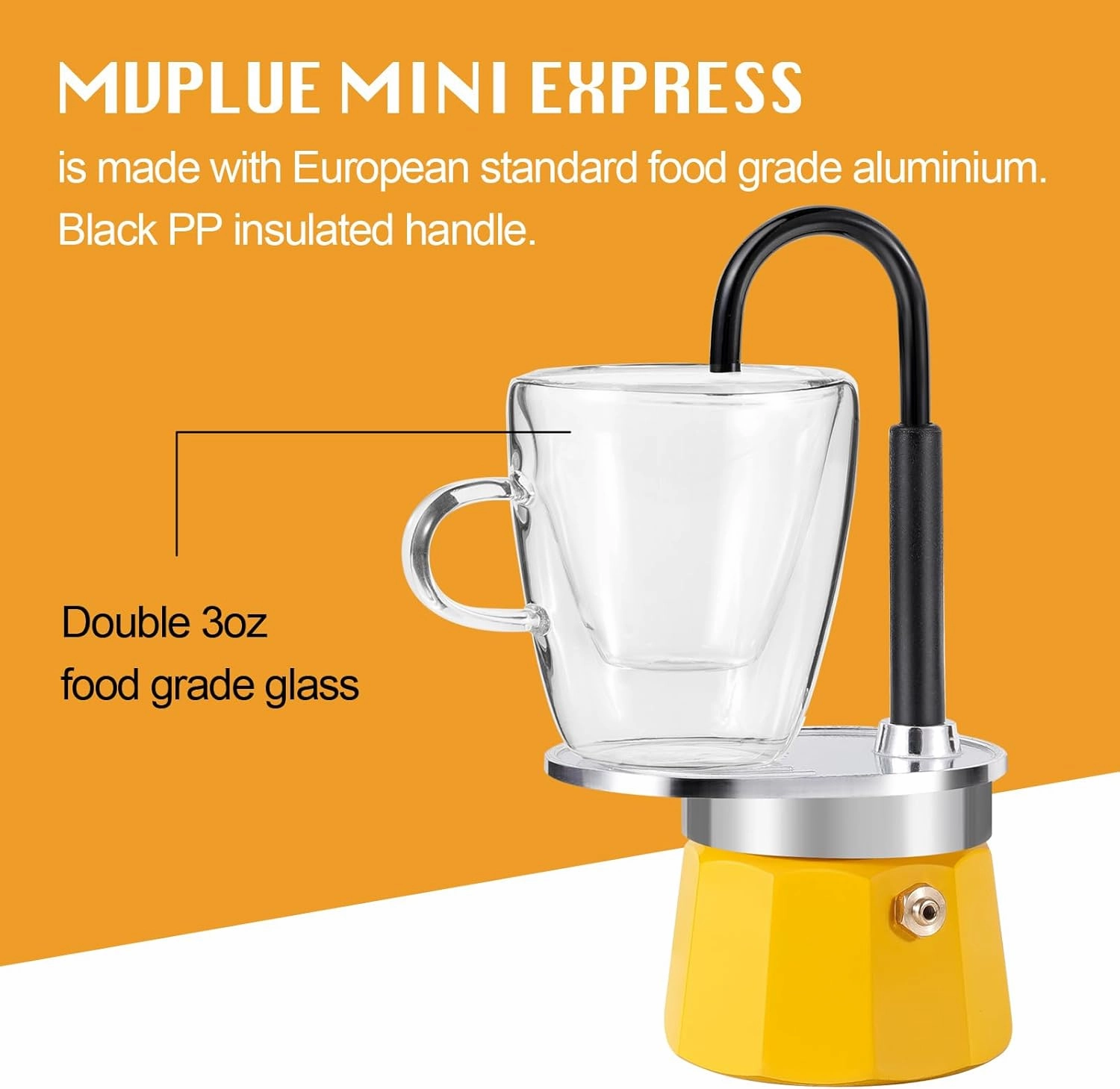MVPLUE-Mini Express Swiss Single Tube Moka Pot Aluminum Yellow，Moka Set includes One Double Wall 3oz Cup,Enjoy delicious coffee in no time