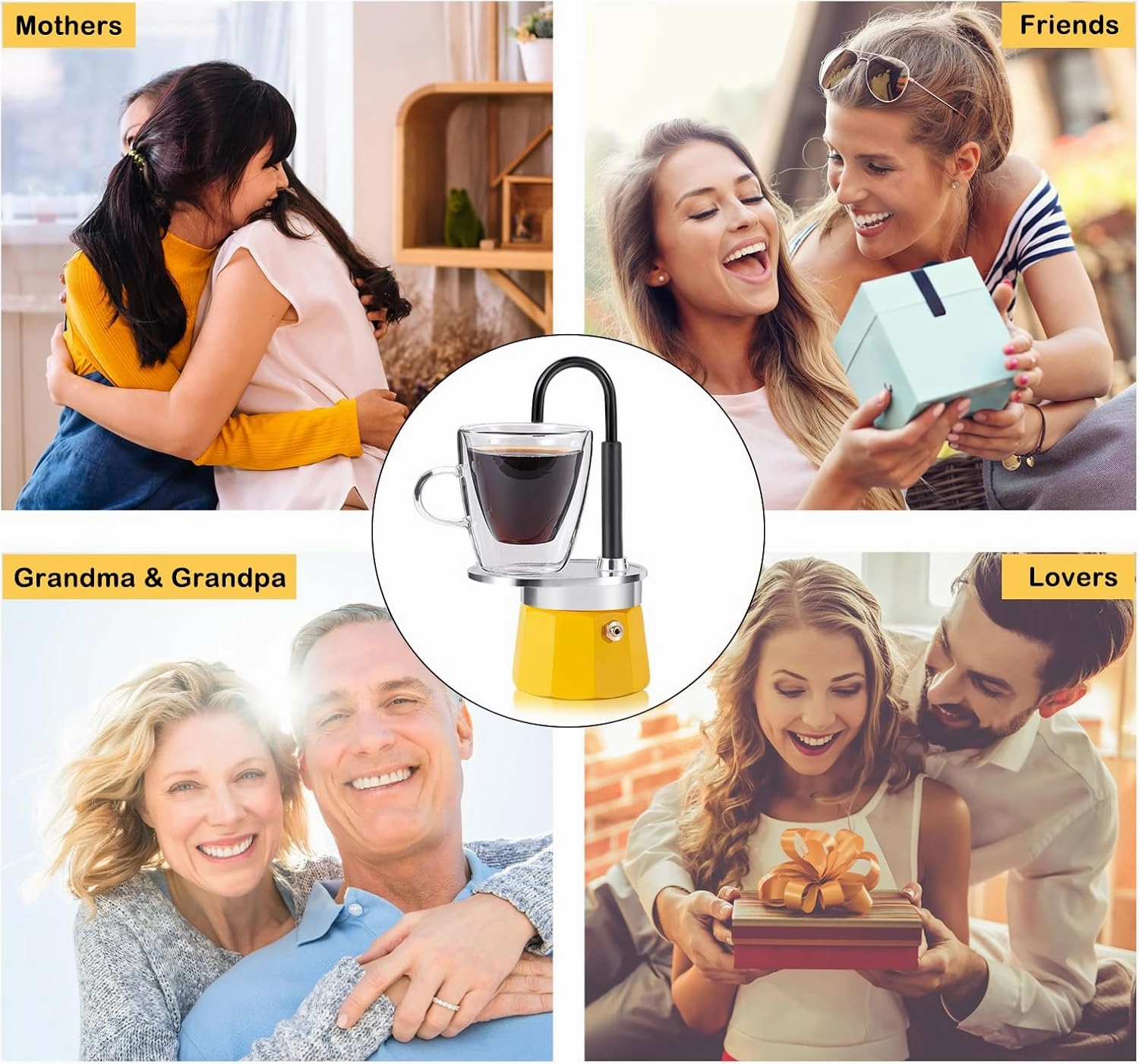 MVPLUE-Mini Express Swiss Single Tube Moka Pot Aluminum Yellow，Moka Set includes One Double Wall 3oz Cup,Enjoy delicious coffee in no time
