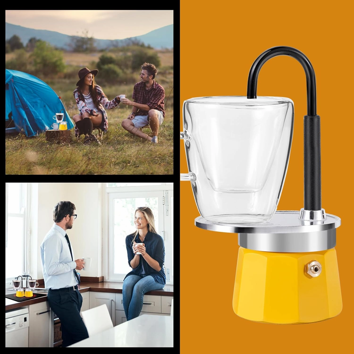 MVPLUE-Mini Express Swiss Single Tube Moka Pot Aluminum Yellow，Moka Set includes One Double Wall 3oz Cup,Enjoy delicious coffee in no time