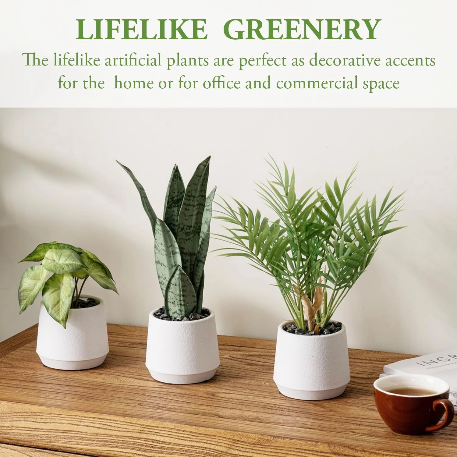 MyGift Modern Assorted Artificial Plants Potted in White Textured Planter Pots, 3 Piece Combo Set Tabletop Greenery House Plant Includes Faux Mini Palm, Arrowhead Vine, and Snake Plant
