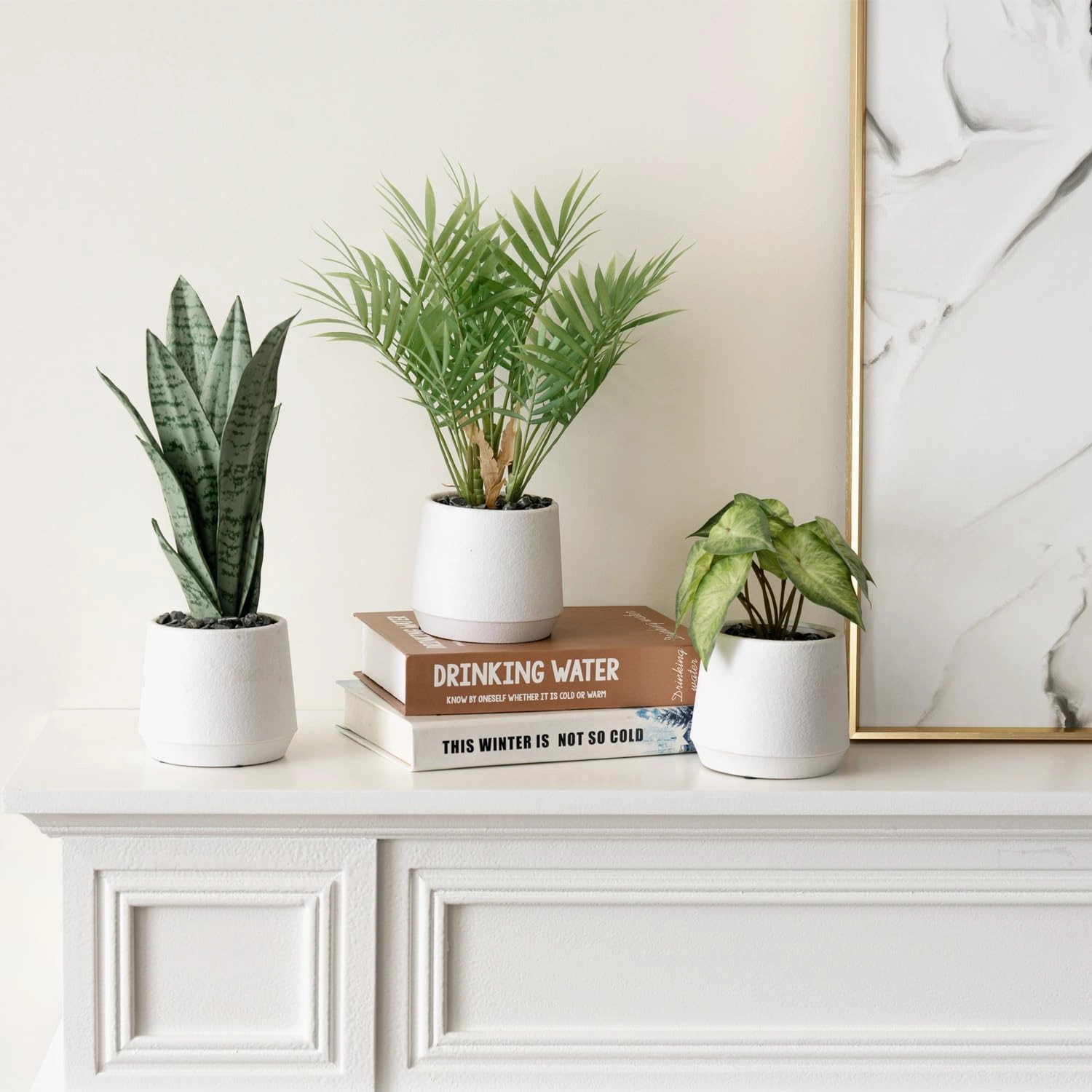 MyGift Modern Assorted Artificial Plants Potted in White Textured Planter Pots, 3 Piece Combo Set Tabletop Greenery House Plant Includes Faux Mini Palm, Arrowhead Vine, and Snake Plant