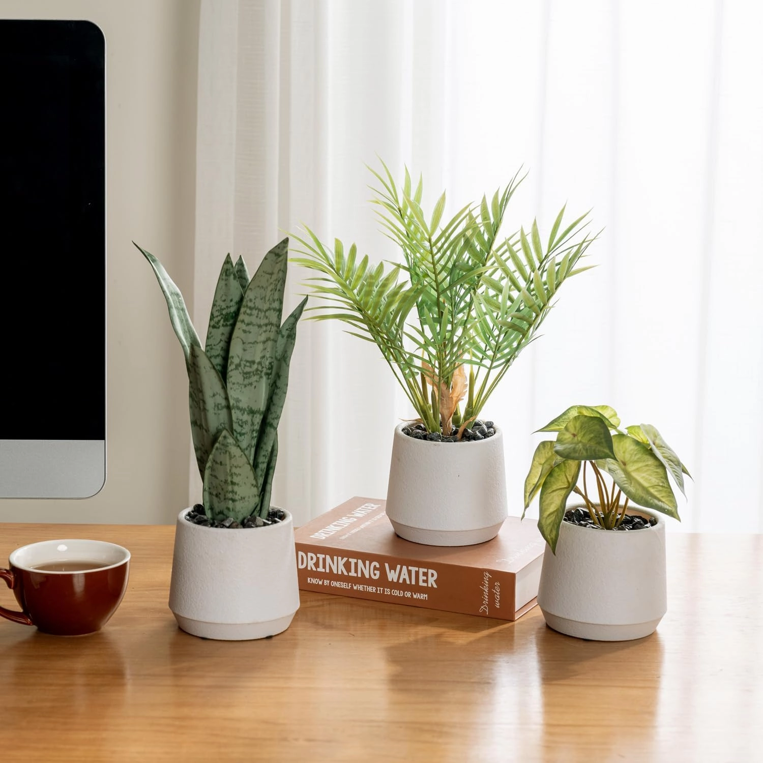 MyGift Modern Assorted Artificial Plants Potted in White Textured Planter Pots, 3 Piece Combo Set Tabletop Greenery House Plant Includes Faux Mini Palm, Arrowhead Vine, and Snake Plant