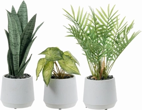 MyGift Modern Assorted Artificial Plants Potted in White Textured Planter Pots, 3 Piece Combo Set Tabletop Greenery House Plant Includes Faux Mini Palm, Arrowhead Vine, and Snake Plant