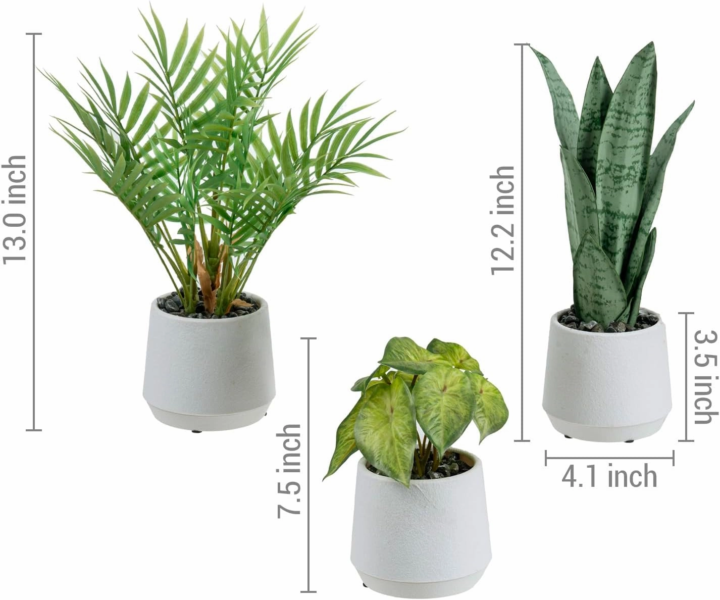 MyGift Modern Assorted Artificial Plants Potted in White Textured Planter Pots, 3 Piece Combo Set Tabletop Greenery House Plant Includes Faux Mini Palm, Arrowhead Vine, and Snake Plant