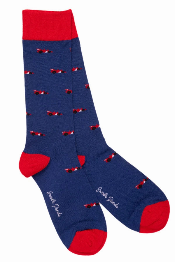 Navy Racing Car Bamboo Socks by Swole Panda, Size 7-11