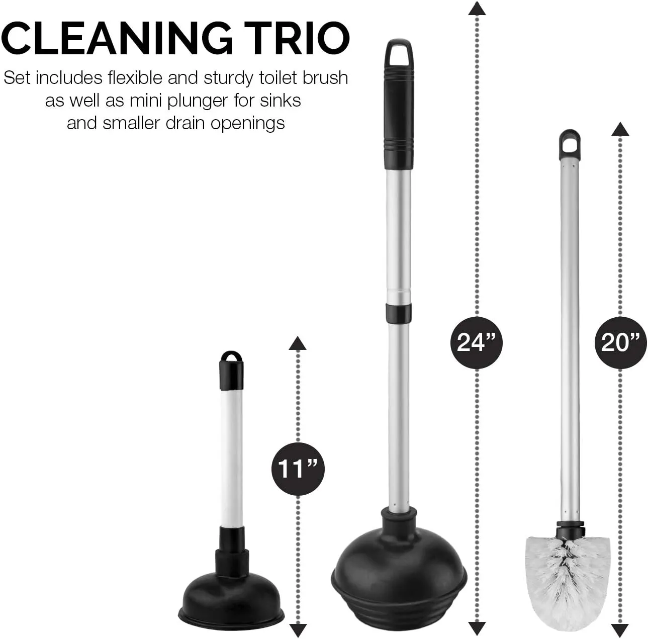 NEIKO 60168A Toilet Plunger Set, 4 Piece, Bonus Mini Sink & Drain Plunger, Toilet Bowl Brush & Caddy, Patented All-Angle Design, Telescopic Aluminum Handle, Bathroom Toilet Brush and Plunger Set