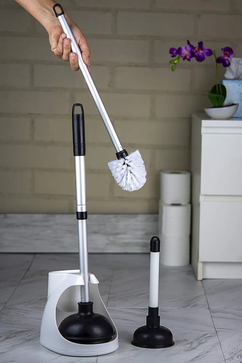 NEIKO 60168A Toilet Plunger Set, 4 Piece, Bonus Mini Sink & Drain Plunger, Toilet Bowl Brush & Caddy, Patented All-Angle Design, Telescopic Aluminum Handle, Bathroom Toilet Brush and Plunger Set