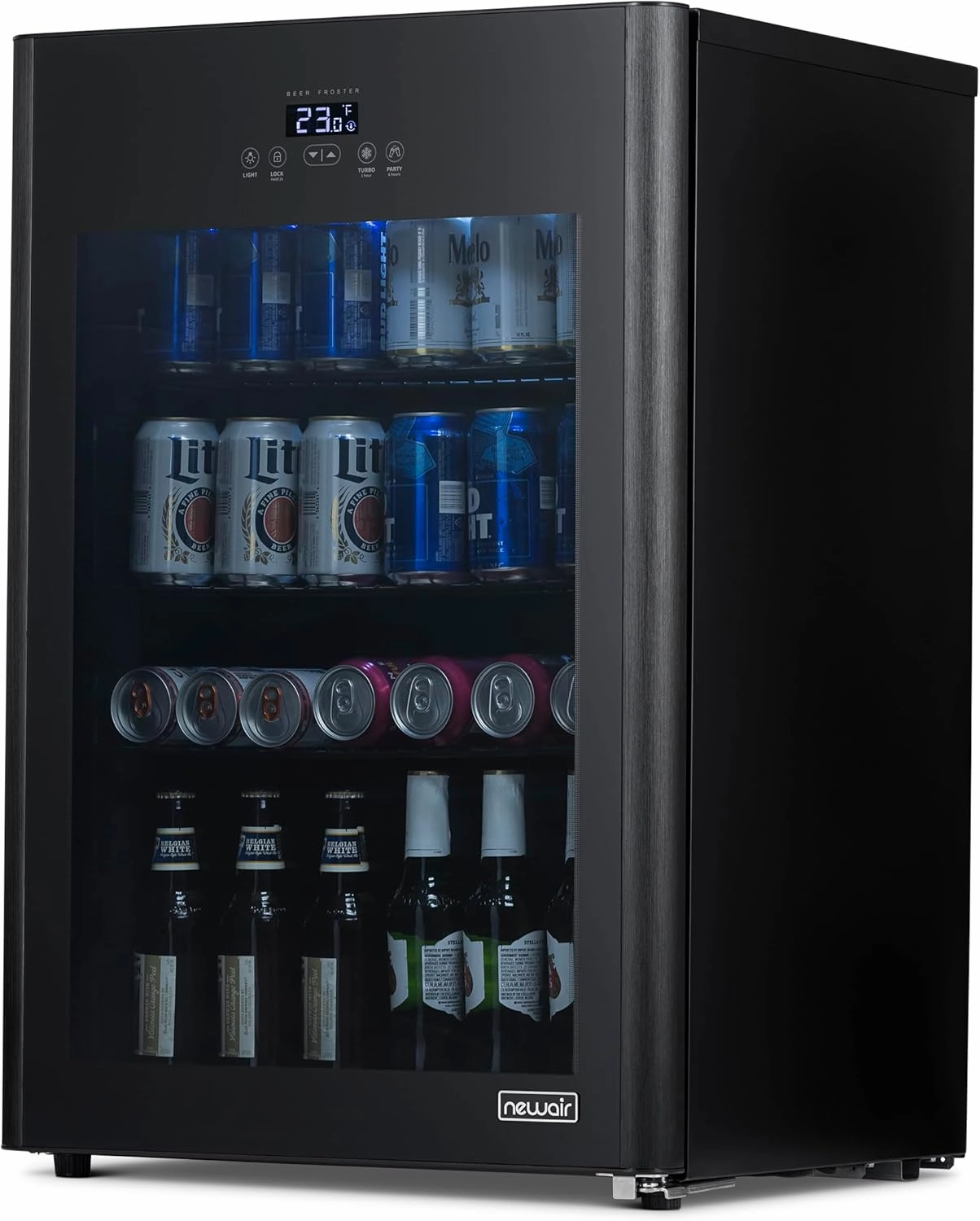 NewAir 125 Can Beer Froster, Mini Fridge, Small Drink Dispenser Machine, Freestanding Beer Freezer, Refrigerator and Cooler in Black - Frosts Drink to 23F, for Office or Bar with Adjustable Shelves