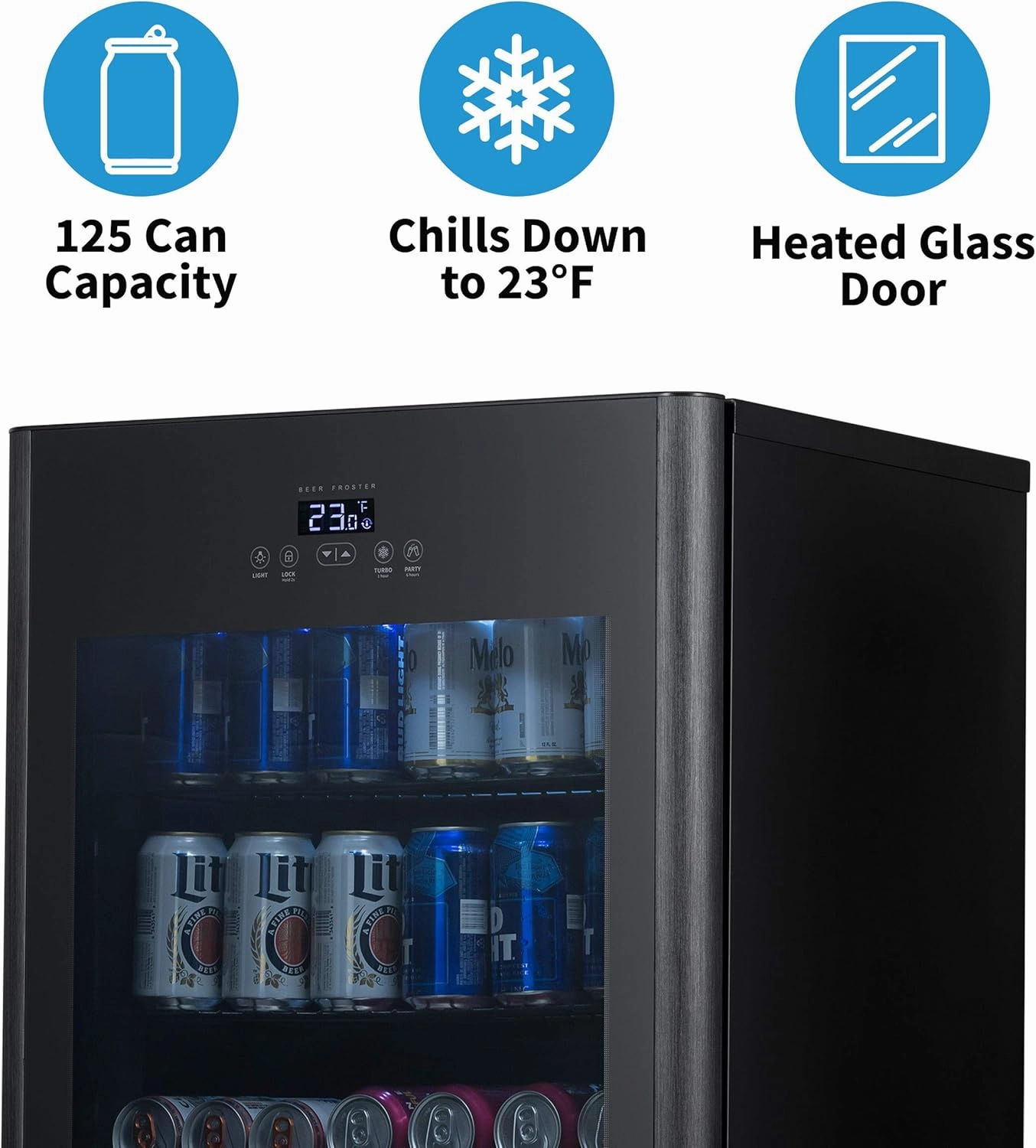 NewAir 125 Can Beer Froster, Mini Fridge, Small Drink Dispenser Machine, Freestanding Beer Freezer, Refrigerator and Cooler in Black - Frosts Drink to 23F, for Office or Bar with Adjustable Shelves