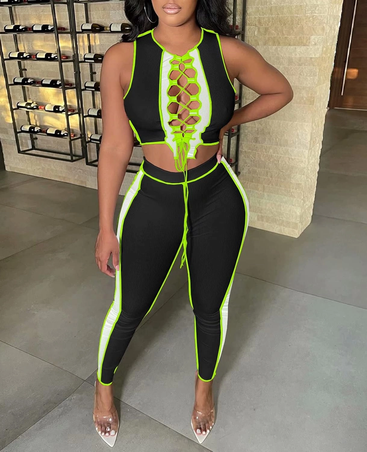 Neyaolk Women Lace Up Sweatsuit Outfits - Sexy Tank Crop Top Bodycon Color Block Ribbed Pants Suit Workout Set Clubwear