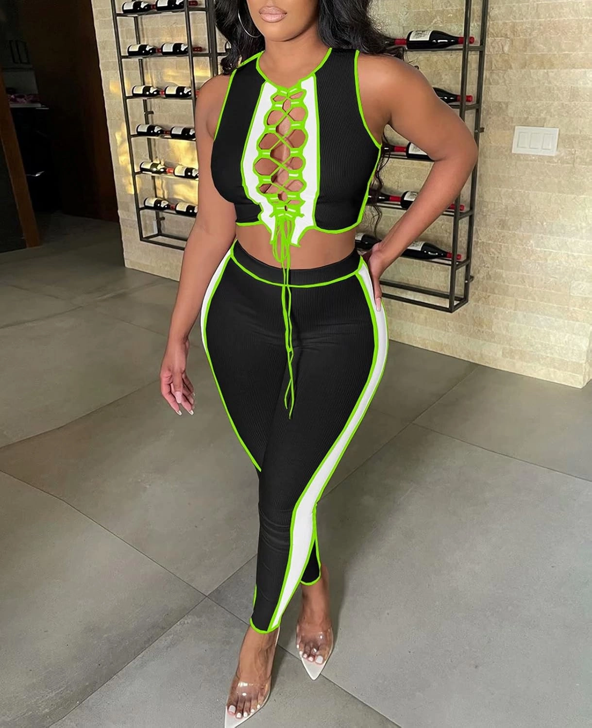 Neyaolk Women Lace Up Sweatsuit Outfits - Sexy Tank Crop Top Bodycon Color Block Ribbed Pants Suit Workout Set Clubwear