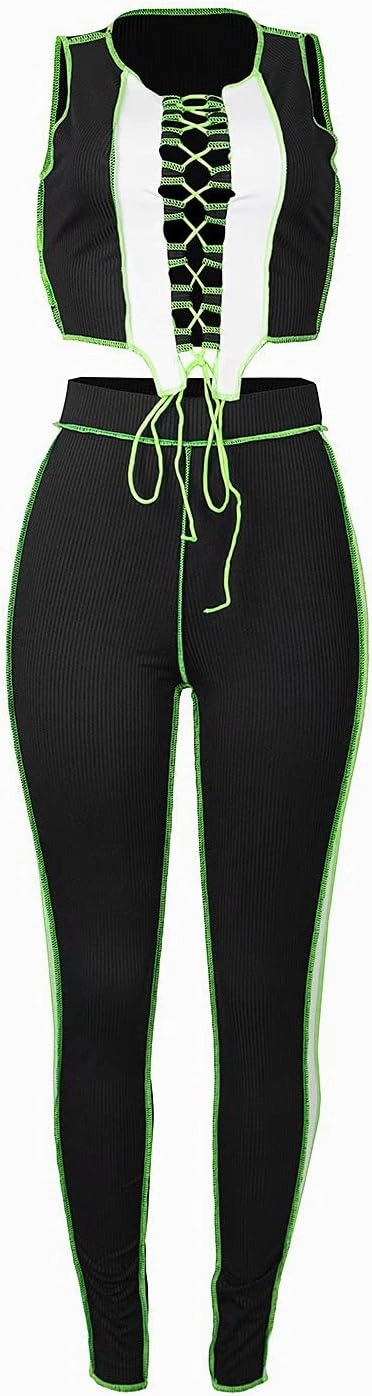 Neyaolk Women Lace Up Sweatsuit Outfits - Sexy Tank Crop Top Bodycon Color Block Ribbed Pants Suit Workout Set Clubwear