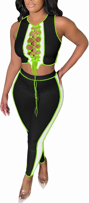 Neyaolk Women Lace Up Sweatsuit Outfits - Sexy Tank Crop Top Bodycon Color Block Ribbed Pants Suit Workout Set Clubwear