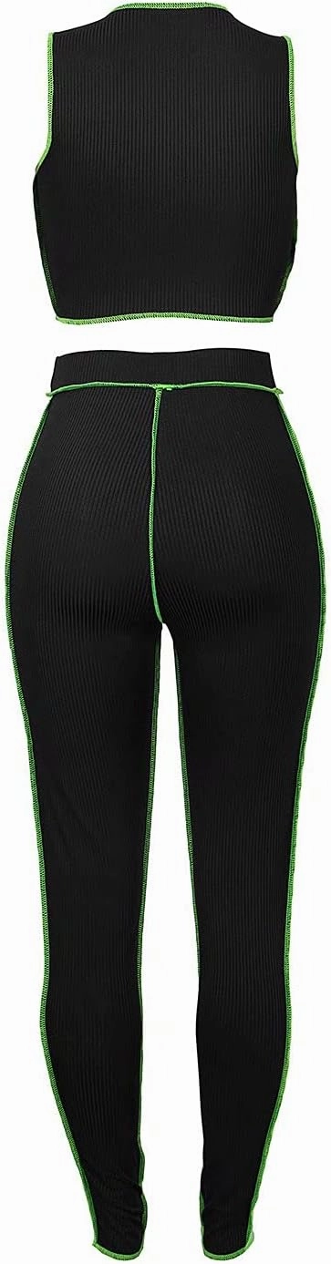 Neyaolk Women Lace Up Sweatsuit Outfits - Sexy Tank Crop Top Bodycon Color Block Ribbed Pants Suit Workout Set Clubwear