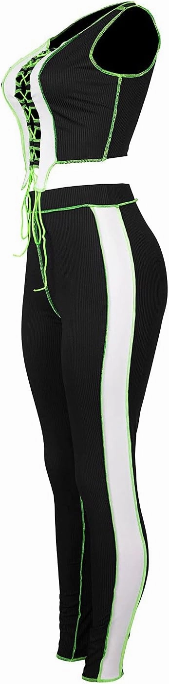 Neyaolk Women Lace Up Sweatsuit Outfits - Sexy Tank Crop Top Bodycon Color Block Ribbed Pants Suit Workout Set Clubwear